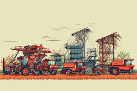 水稻收割机培育杂交水稻的各种机器插画