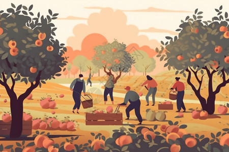 采摘桃子农民正在果园里摘苹果插画