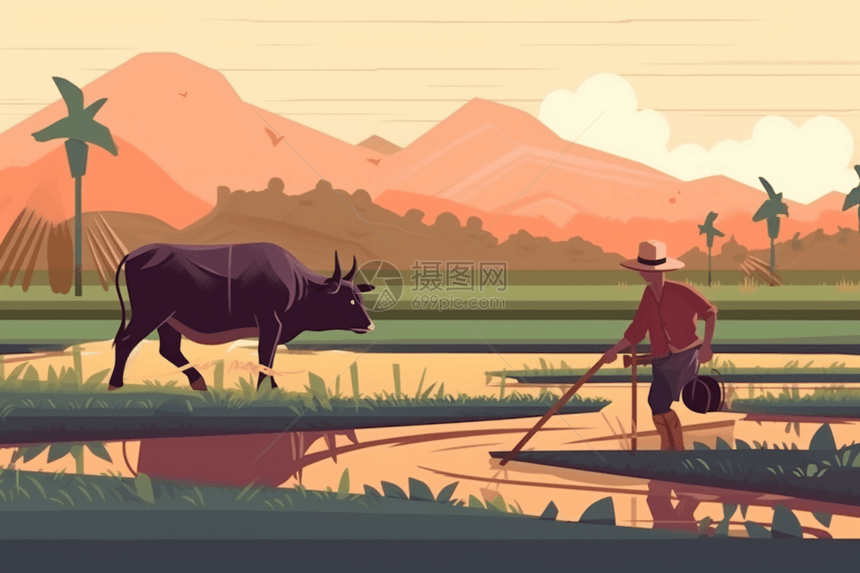 一个农民在稻田里播种图片