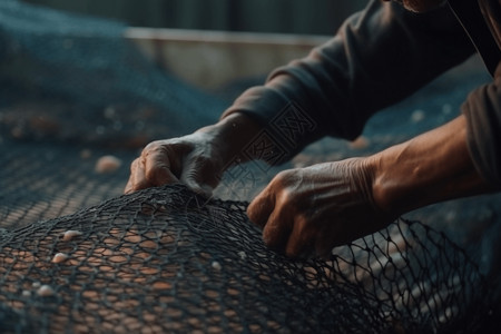 素材鱼网一名工人仔细检查鱼网背景