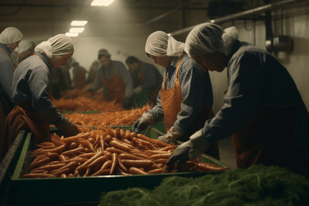 蔬菜分类工人在蔬菜加工厂背景