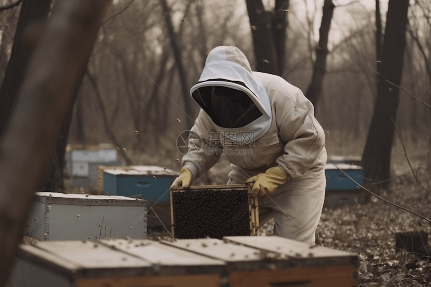 养蜂人检查并提取蜂蜜图片