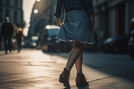 穿著牛仔裙走在城市街道高清图片