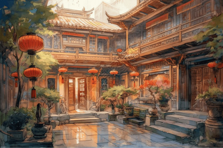单立柱彩色水彩画出的中国传统庭院插画