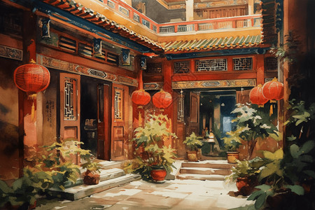 中国传统庭院的彩色水彩画图片