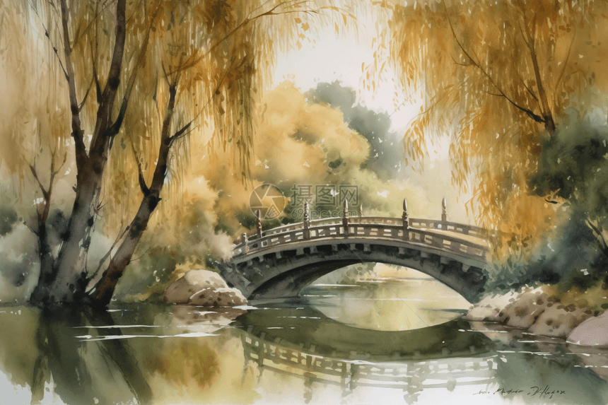 中国桥的宁静水彩图片