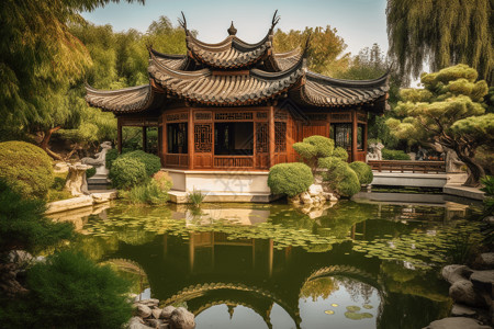 宁静池塘上的中国古代建筑图片