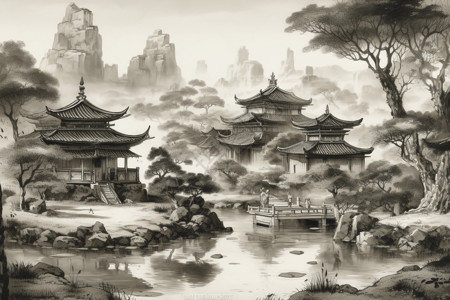 中式山水庭院画图片