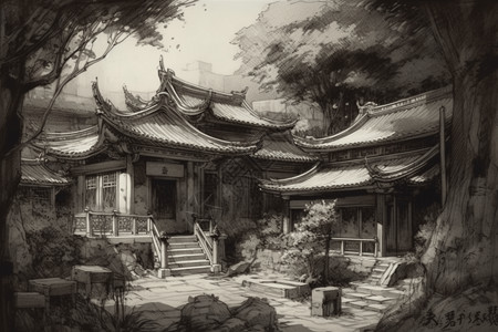 古朴风格水墨画中国古代建筑插画