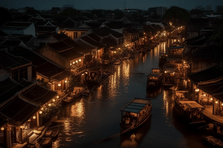 港口夜景晚间的运河景象插画