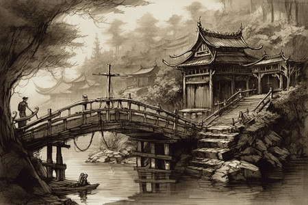 中式木桥水墨画图片