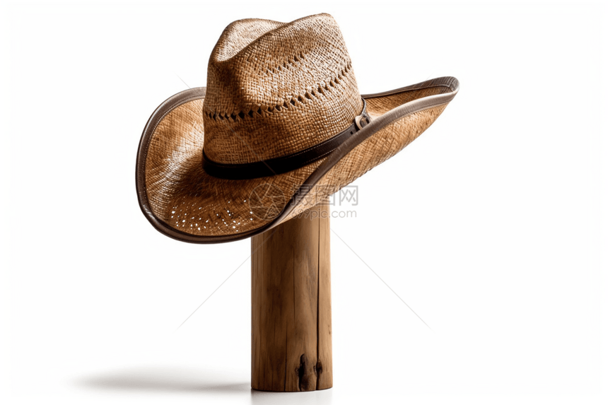 牛仔帽放在木桩上图片