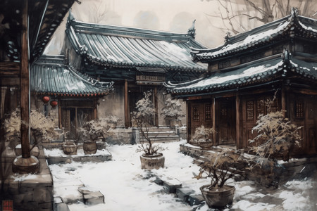 雪天中式传统庭院背景图片