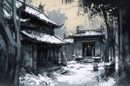 雪天中国传统庭院背景图片