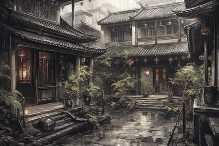 下雨中的庭院图片