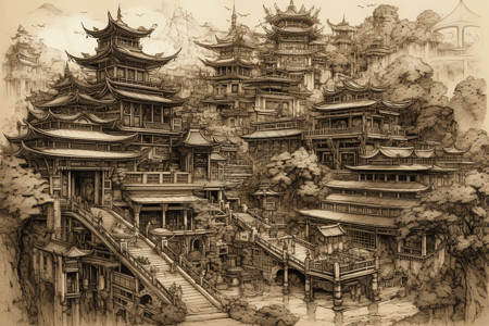 吴哥寺庙群中国古代寺庙群插画
