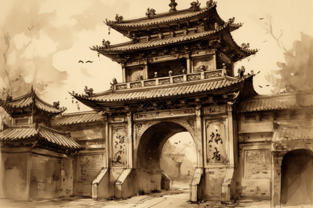 中国城门的水墨画背景图片