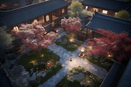中式庭院里的樱花开了背景图片