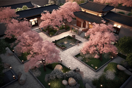 盛开樱花的庭院花园背景图片