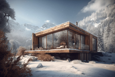 能看见雪山景观的别墅插画
