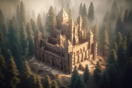 树林里的木砖城堡背景图片