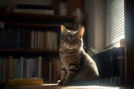 书旁边的猫灰色图书高清图片