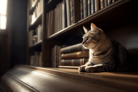 灰色图书架子上的猫背景