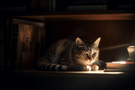 书籍和猫素材架子下的猫背景
