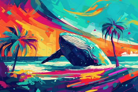 出水的彩色鲸鱼插画