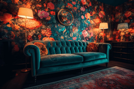 彩色印花背景沙发和彩色壁纸背景