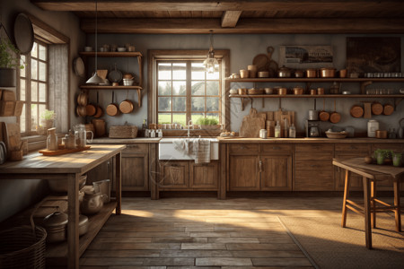 乡村原木风格厨房设计背景图片