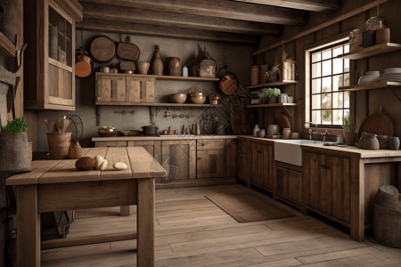 乡村原木风格厨房背景图片
