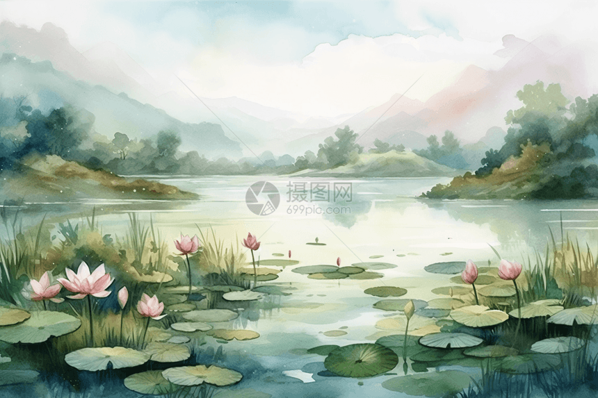 湖泊里美丽的莲花图片