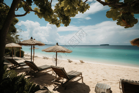 配有沙滩椅和雨伞的海滩区图片