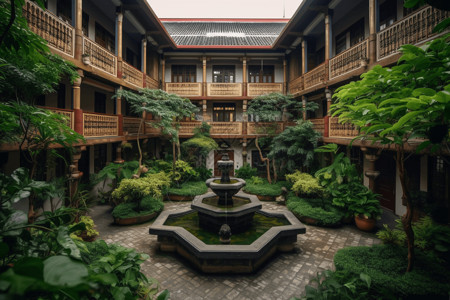 绿色植物的酒店庭院图片