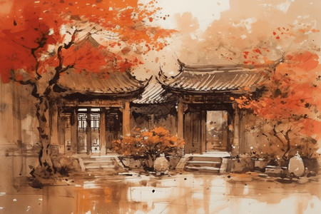 秋天的寺庙庭院插画