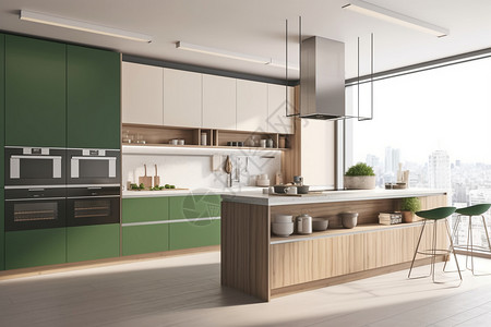 全景绿色现代木制厨房简约室内设计设计图片