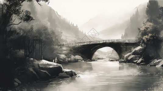 一条平静的河流在桥下流淌图片