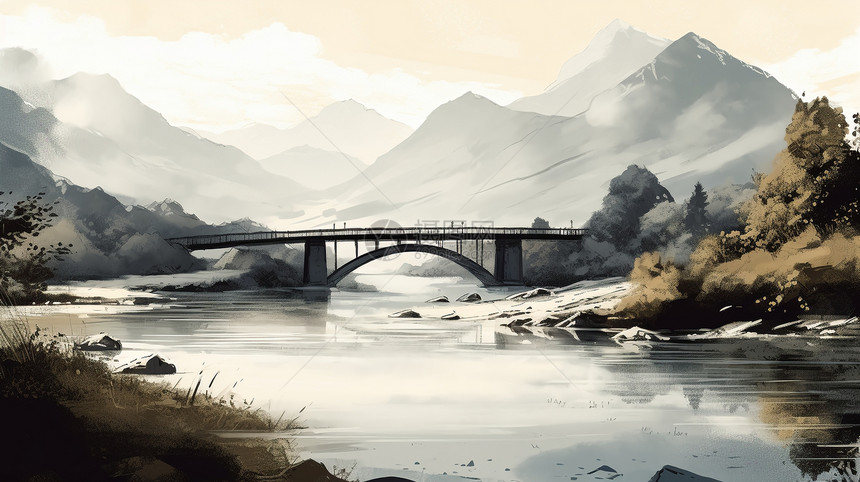 平静的河流在桥下流淌图片