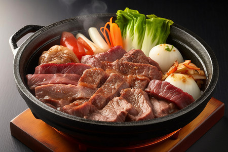 美味的牛肉寿喜烧锅高清图片