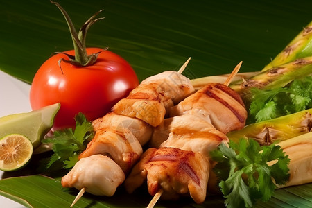 棕榈叶上的新鲜鸡肉和蔬菜高清图片