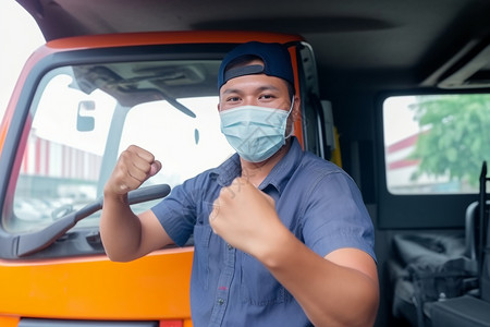 防止传播卡车司机戴着口罩防止灰尘和流感传播背景