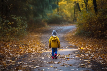 小孩子独自走秋天森林里图片