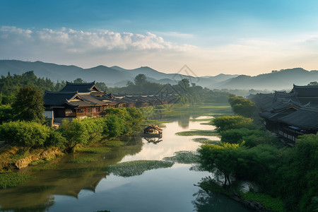 源远流长古镇山水背景