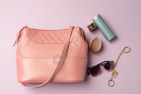 粉色女包粉色包包和化妆品背景