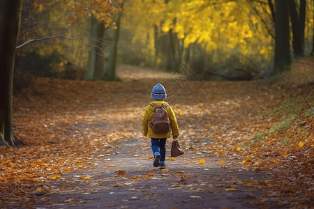 落叶黄了一地小孩子独自地走在森林里背景