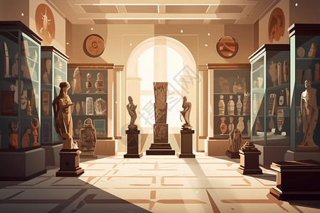 陈列柜内部古代文物收藏的博物馆插画