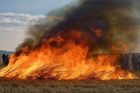 焚烧秸秆土地中的熊熊大火背景