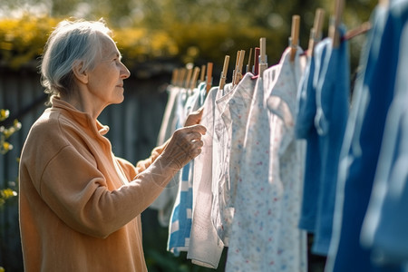 妇女用品老年妇女在户外洗衣服背景