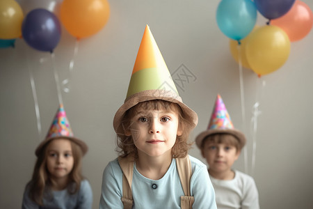 可爱的小孩戴着生日帽子背景图片